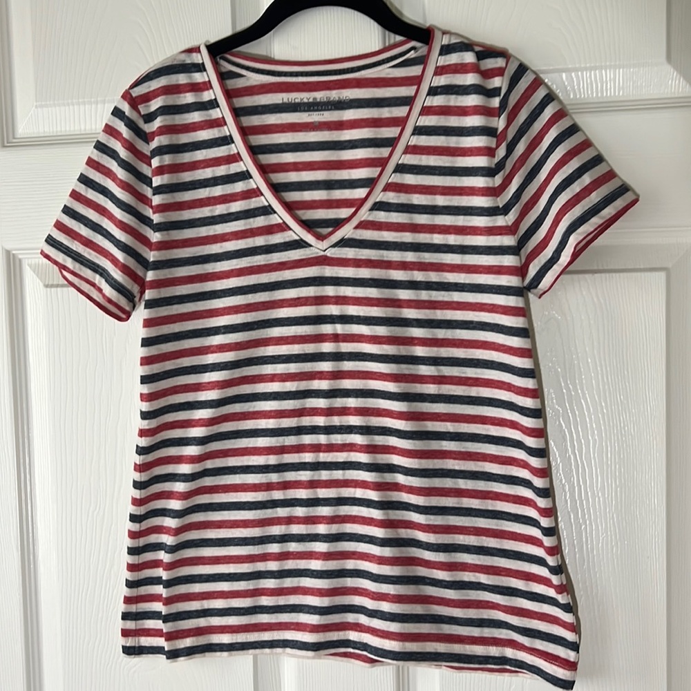Lucky Brand Red White and‎ Blue Striped Vneck Short Sleeve Tshirt, size Medium